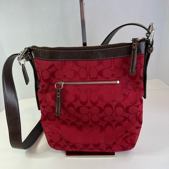 Coach Red Jacquard Crossbody w/Brown Leather Strap w/COA - Picture 2 of 10